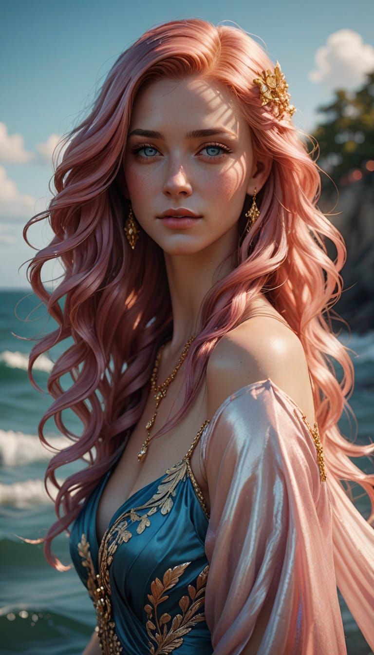 Elegant Woman Portrait with Pink Hair and Ocean Eyes