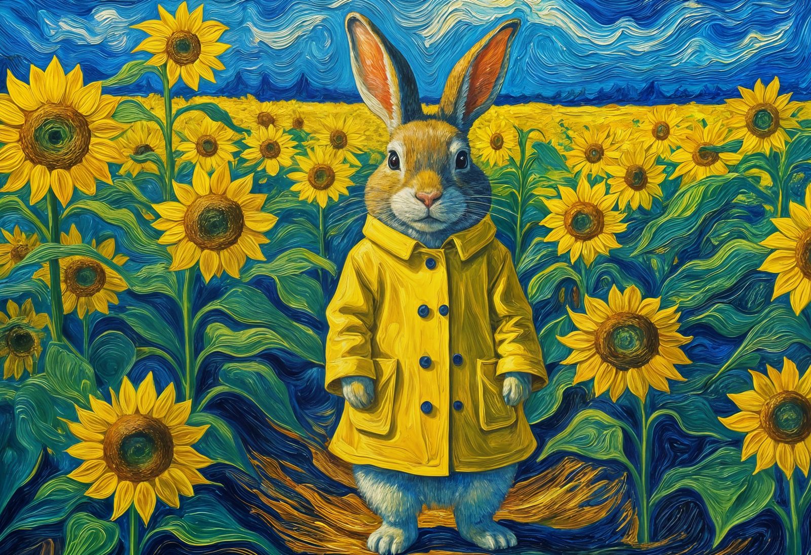 Rabbit in Sunflower Field: Impressionist Oil Painting
