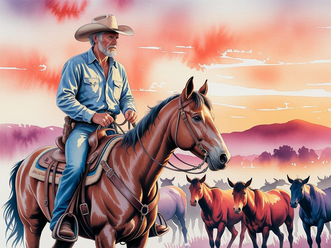 Stunning Watercolor Cowboy at Sunset