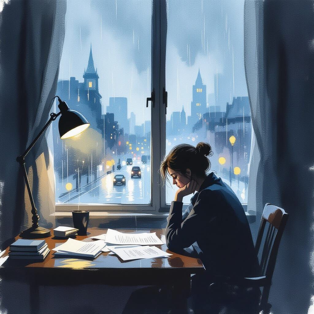 Melancholy Rainy Cityscape Watercolor Painting