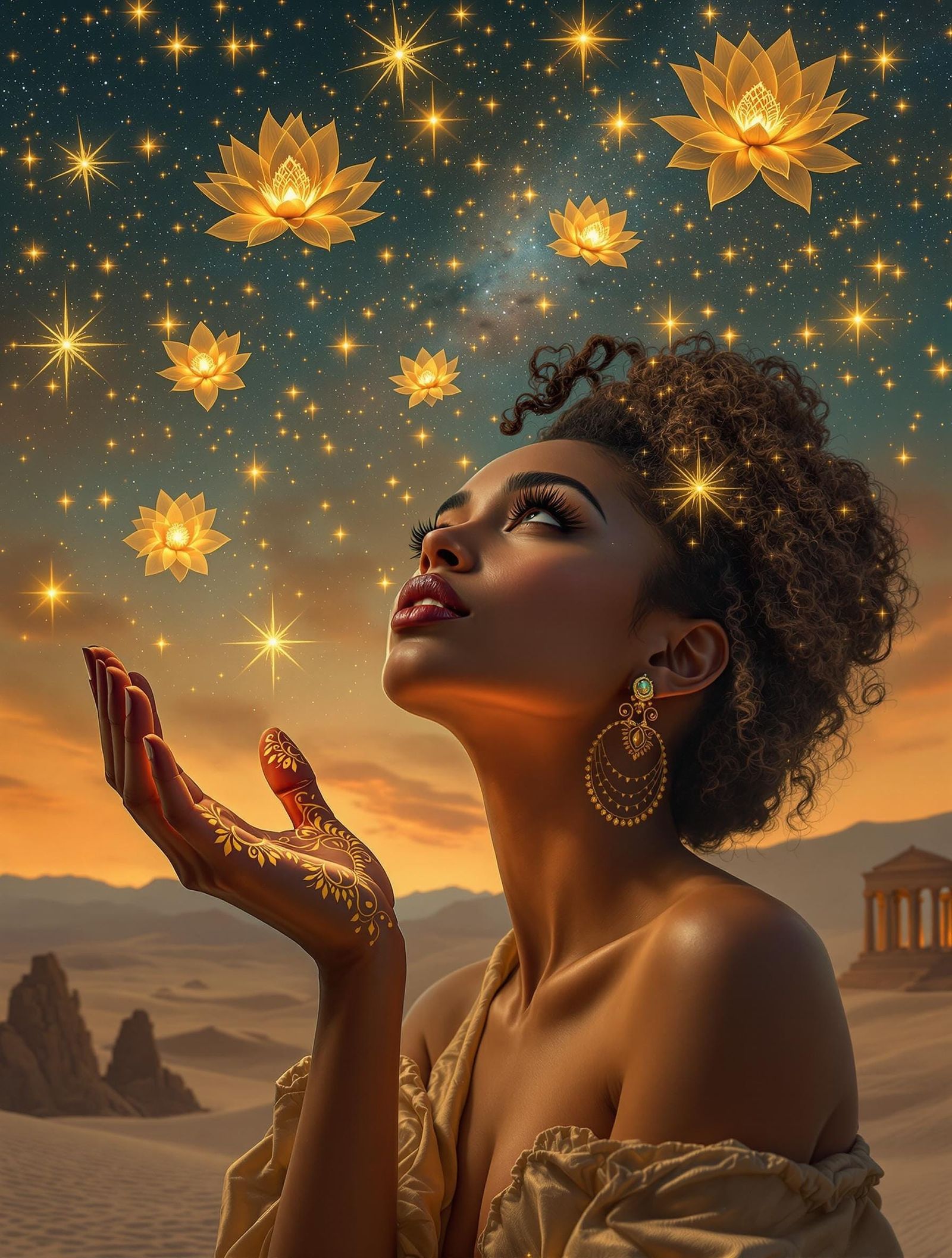 Surreal Symbolist Portrait with Golden Lotus Blooms and Cele...