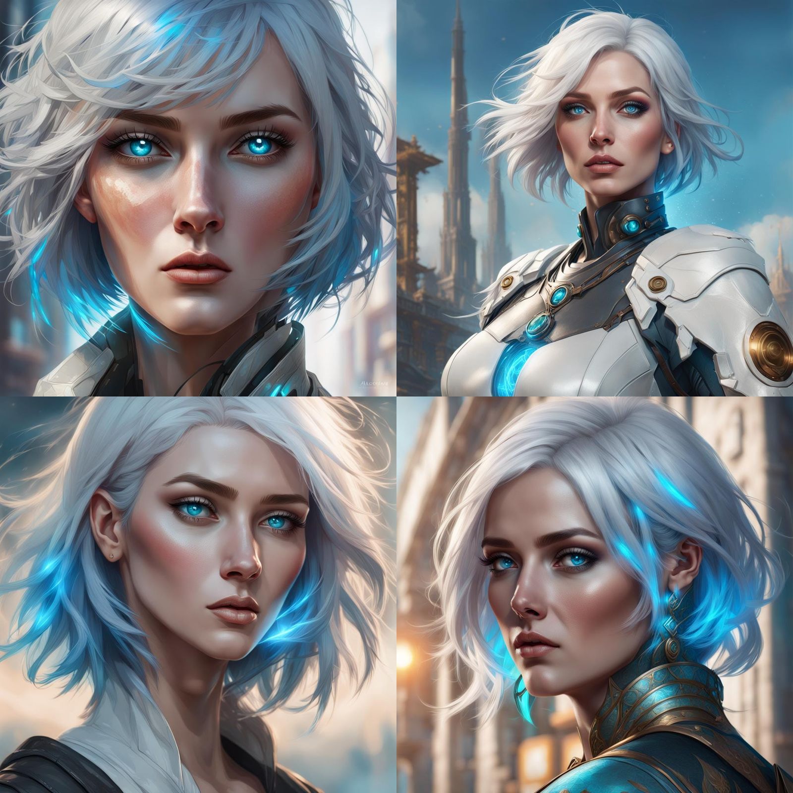 White-Haired Woman Portrait with Blue Eyes, Detailed Art