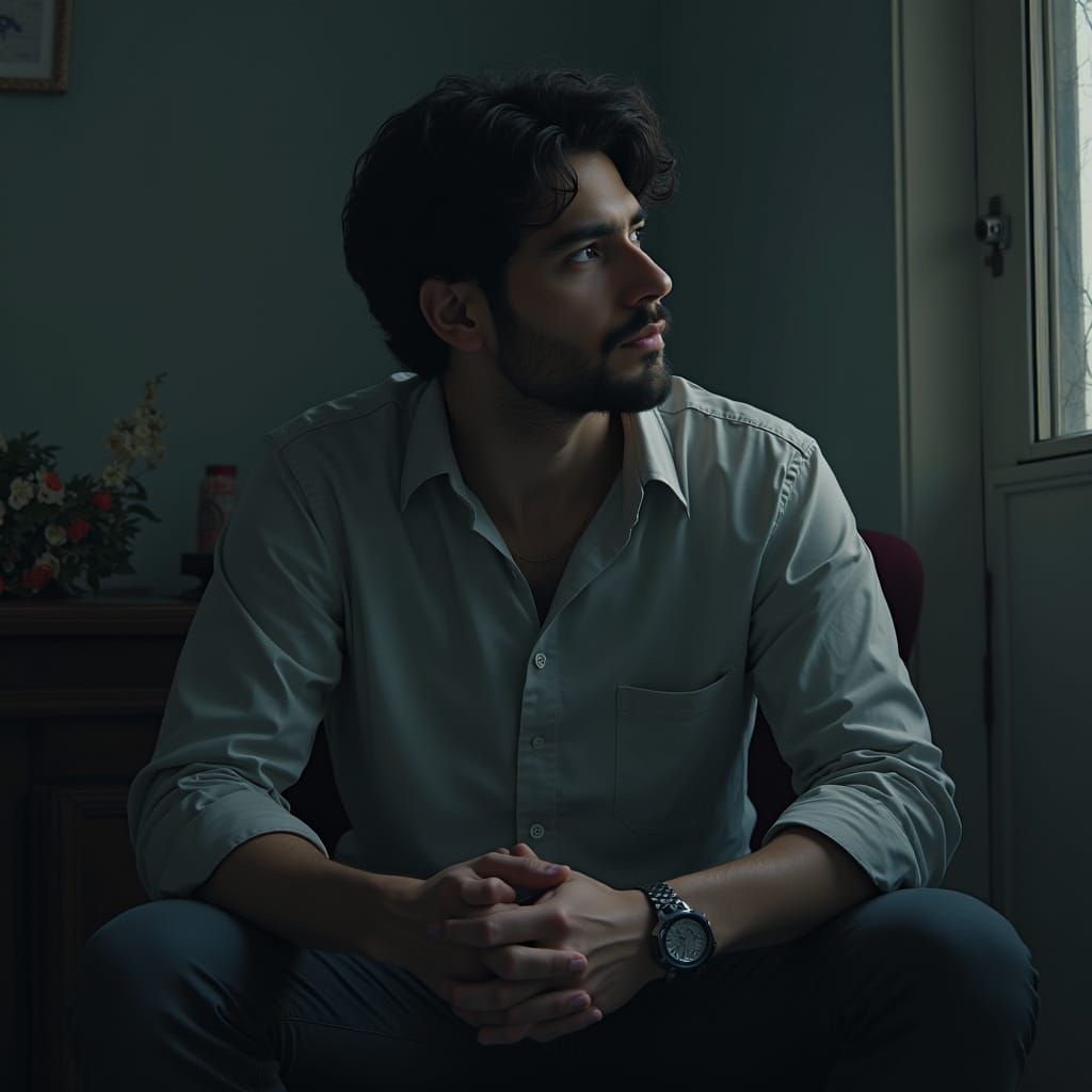 Man Pondering Life's Meaning in Mystical Sci-Fi Style