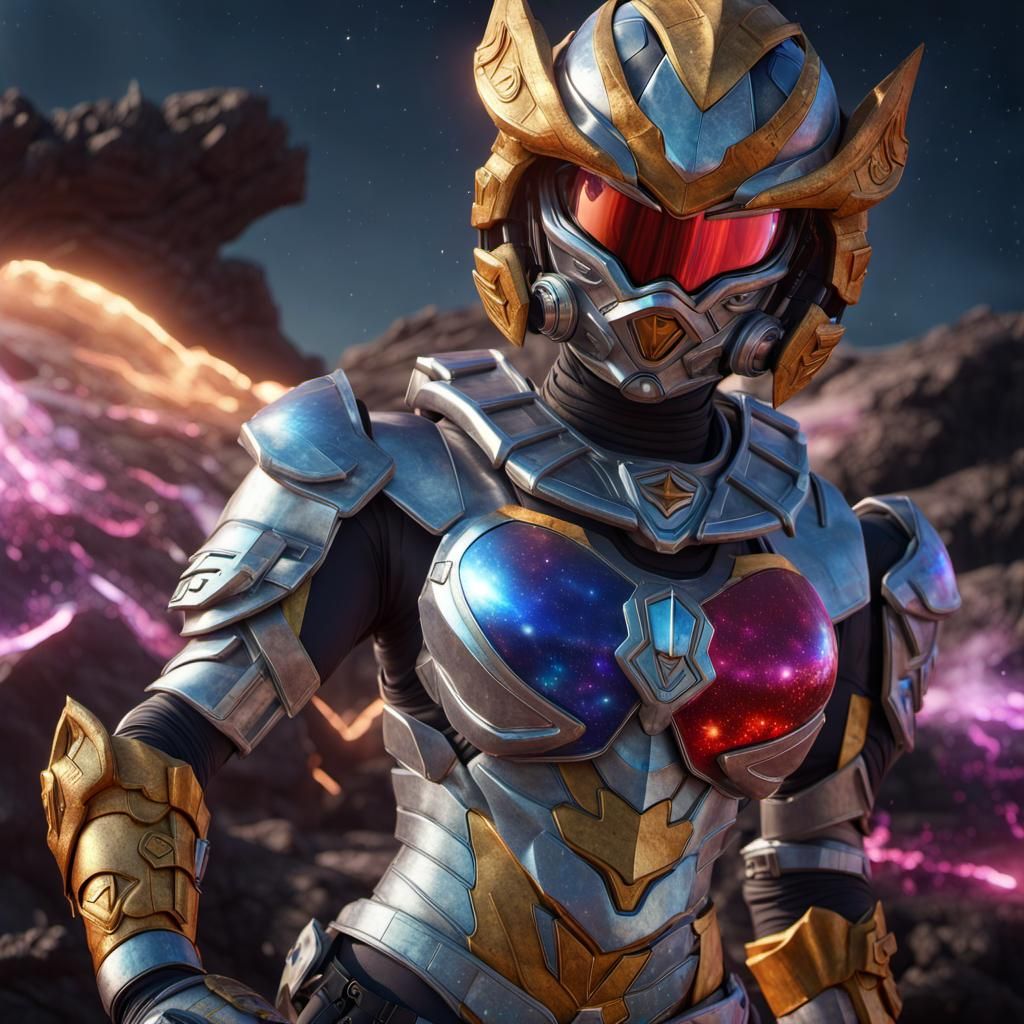 Gritty Armored Female Guardian in Cosmic Style