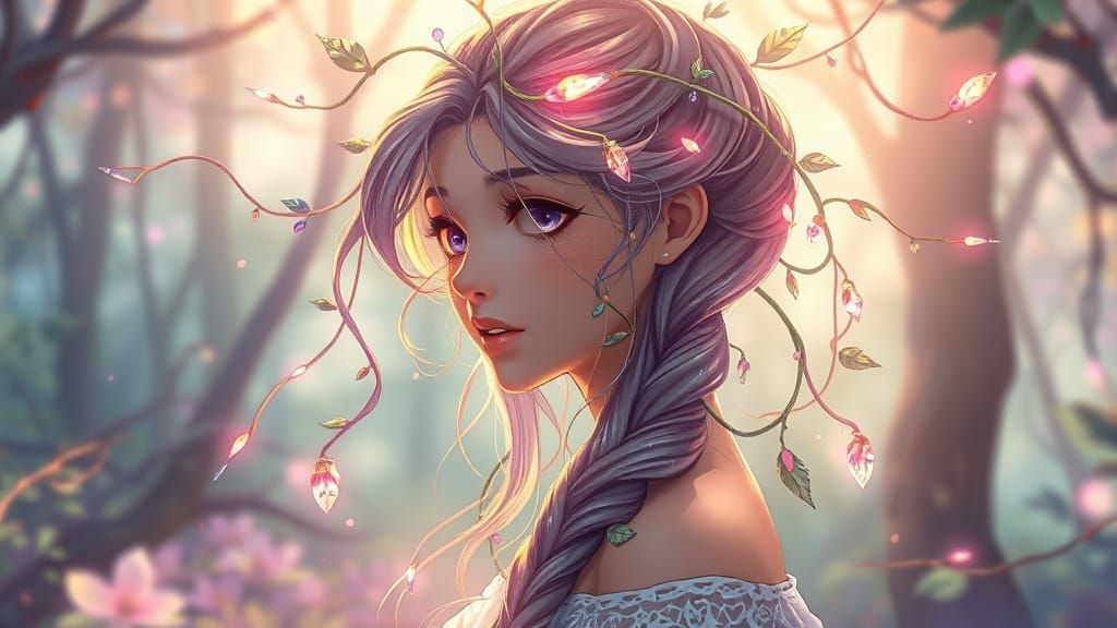 Anime Woman with Glowing Braid in Enchanted Forest