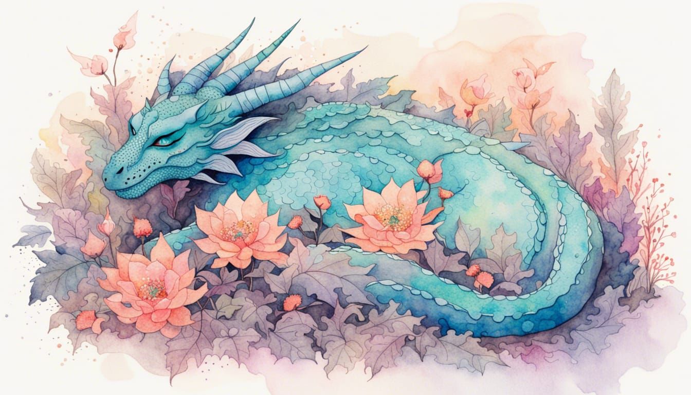 Watercolor Dragon Sleeping in Flowery Forest