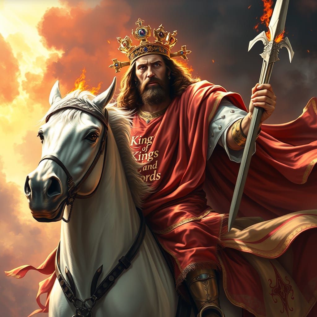 Revelation 19:11–16 (ESV): Jesus Christ riding on a white ho...