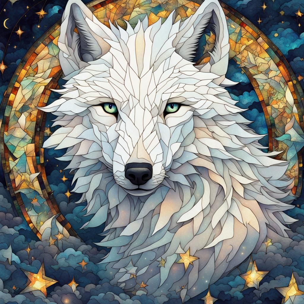 White Wolf in Starry Night Stained Glass Style