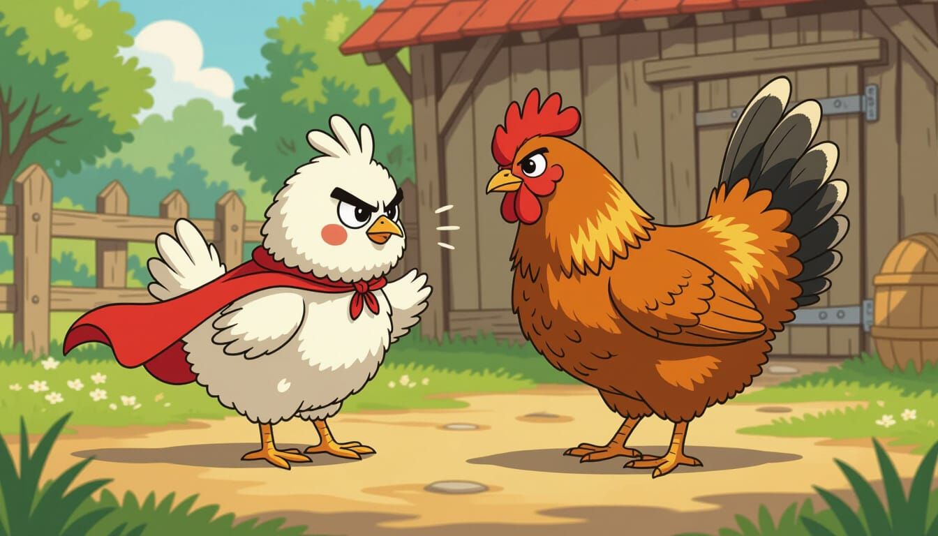 Whimsical Chicken Confrontation in Beatrix Potter Style
