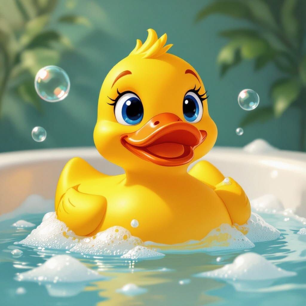 Vibrant Cartoon Rubber Duck in Bathtub