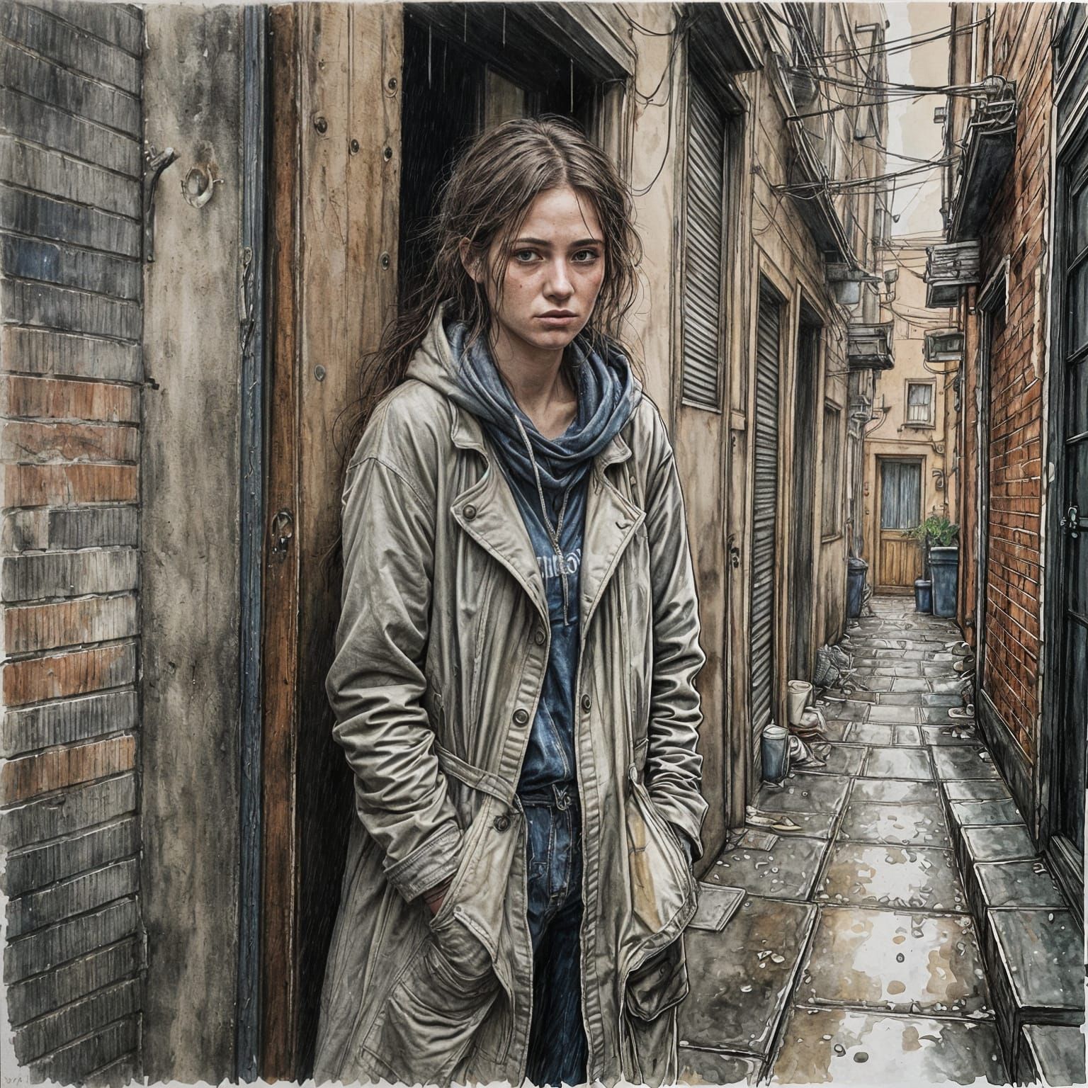 Homeless Woman in Alleyway: Watercolor and Ink