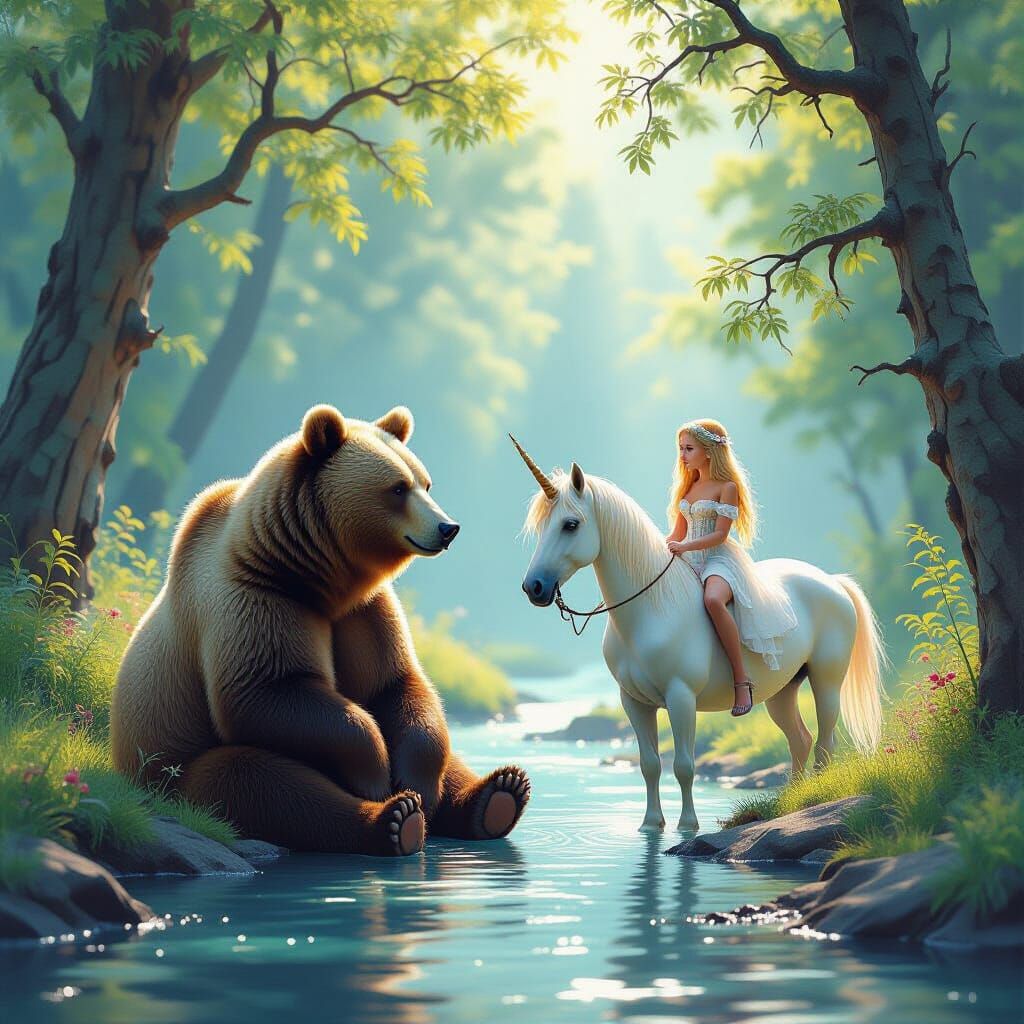 Majestic Bear and Unicorn by Forest Stream