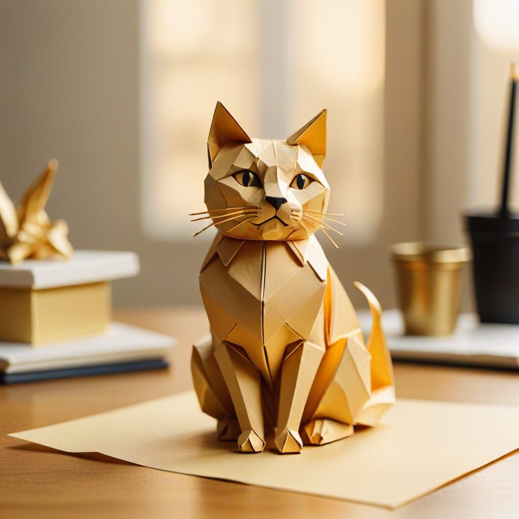 Origami Cat Japanese Ink Illustration Style