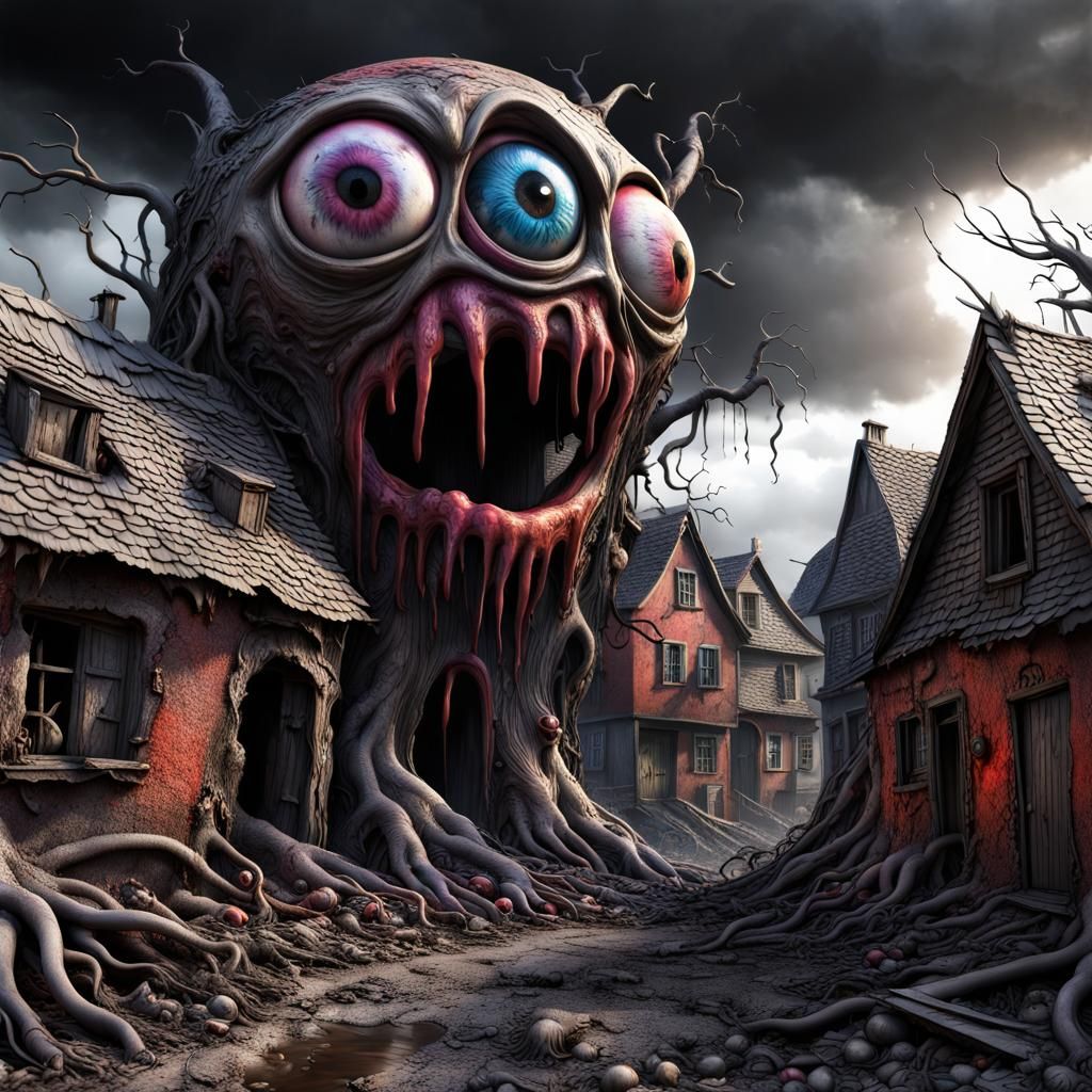 Macabre Monster Village with Eyeballs, Photorealistic Art