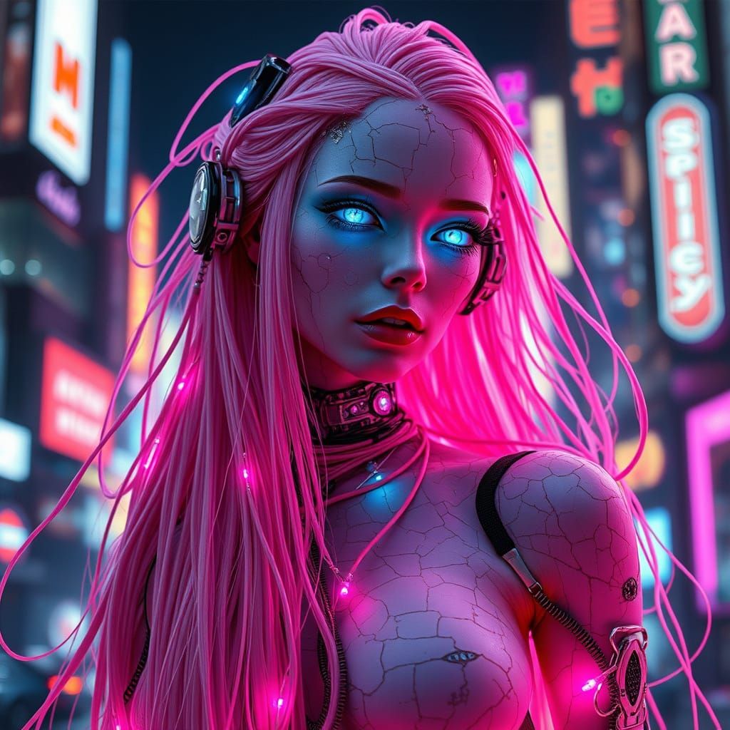 Cyborg Goddess in Neon Cityscape: Cyberpunk Art