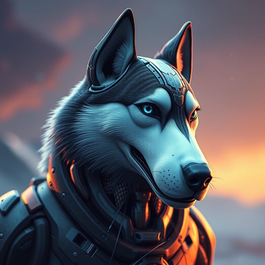 Cyberpunk Siberian Husky Robot in a Futuristic Landscape