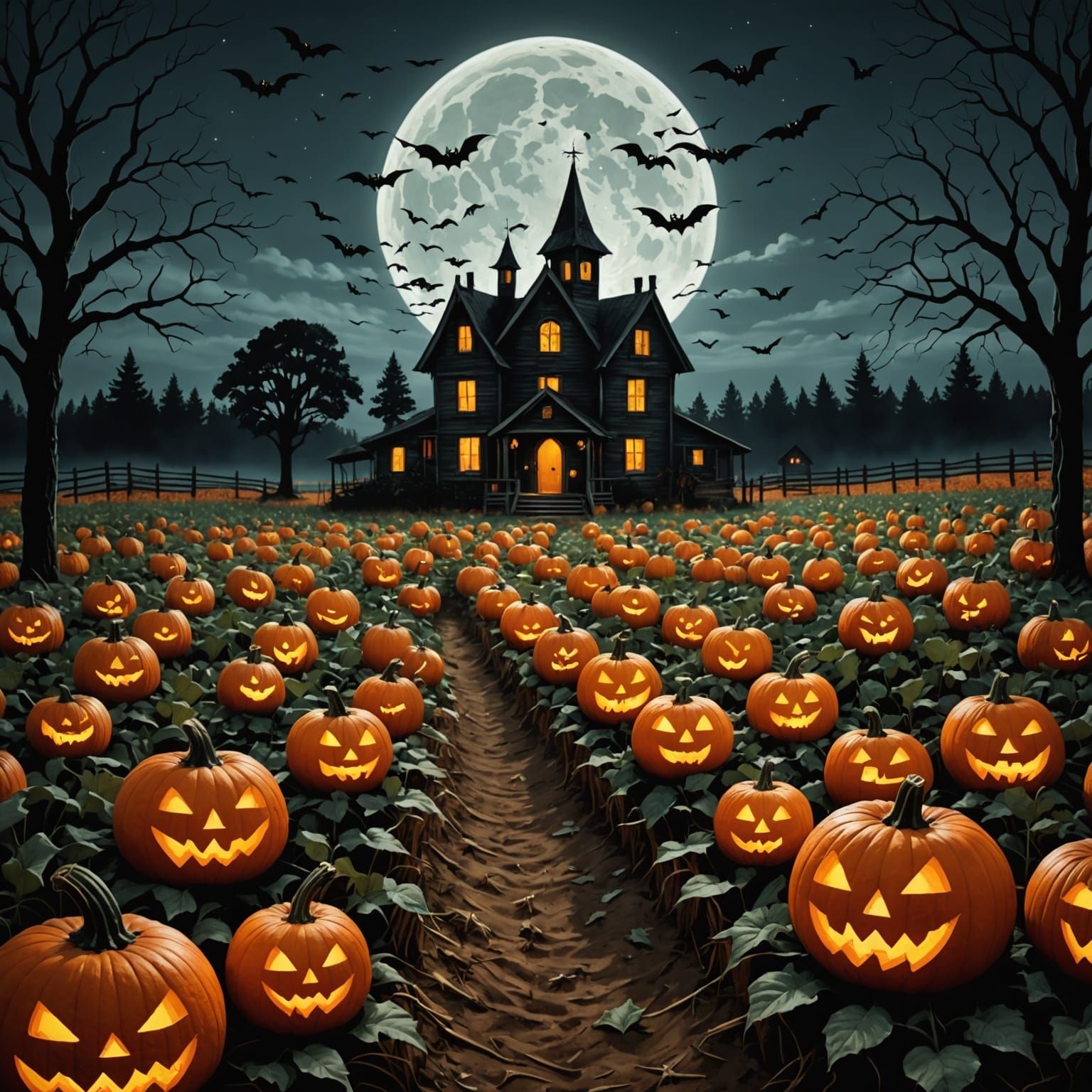 Spooky Night Scene in a Pumpkin Patch