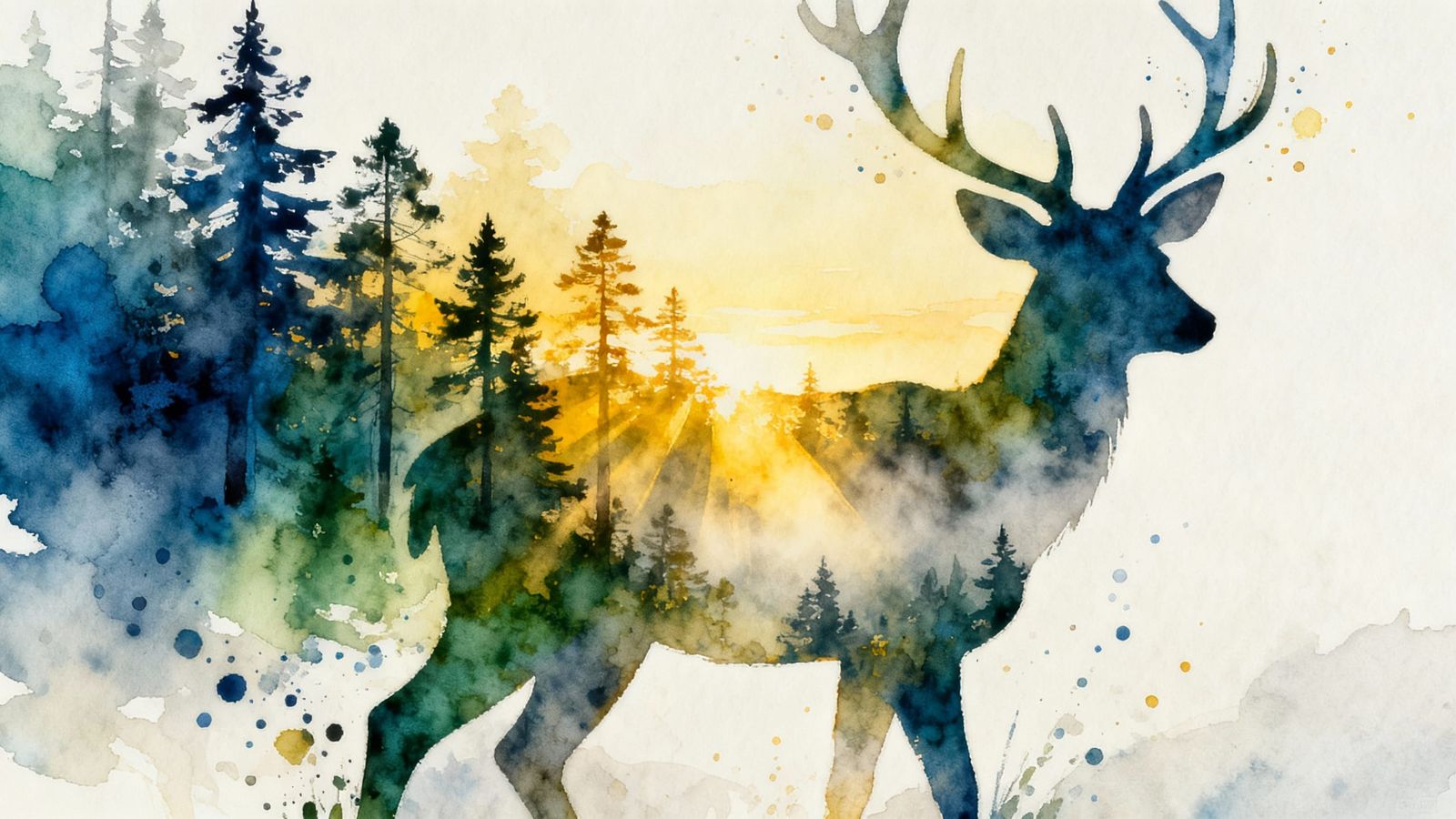 Double Exposure Deer in Mystical Forest at Dawn