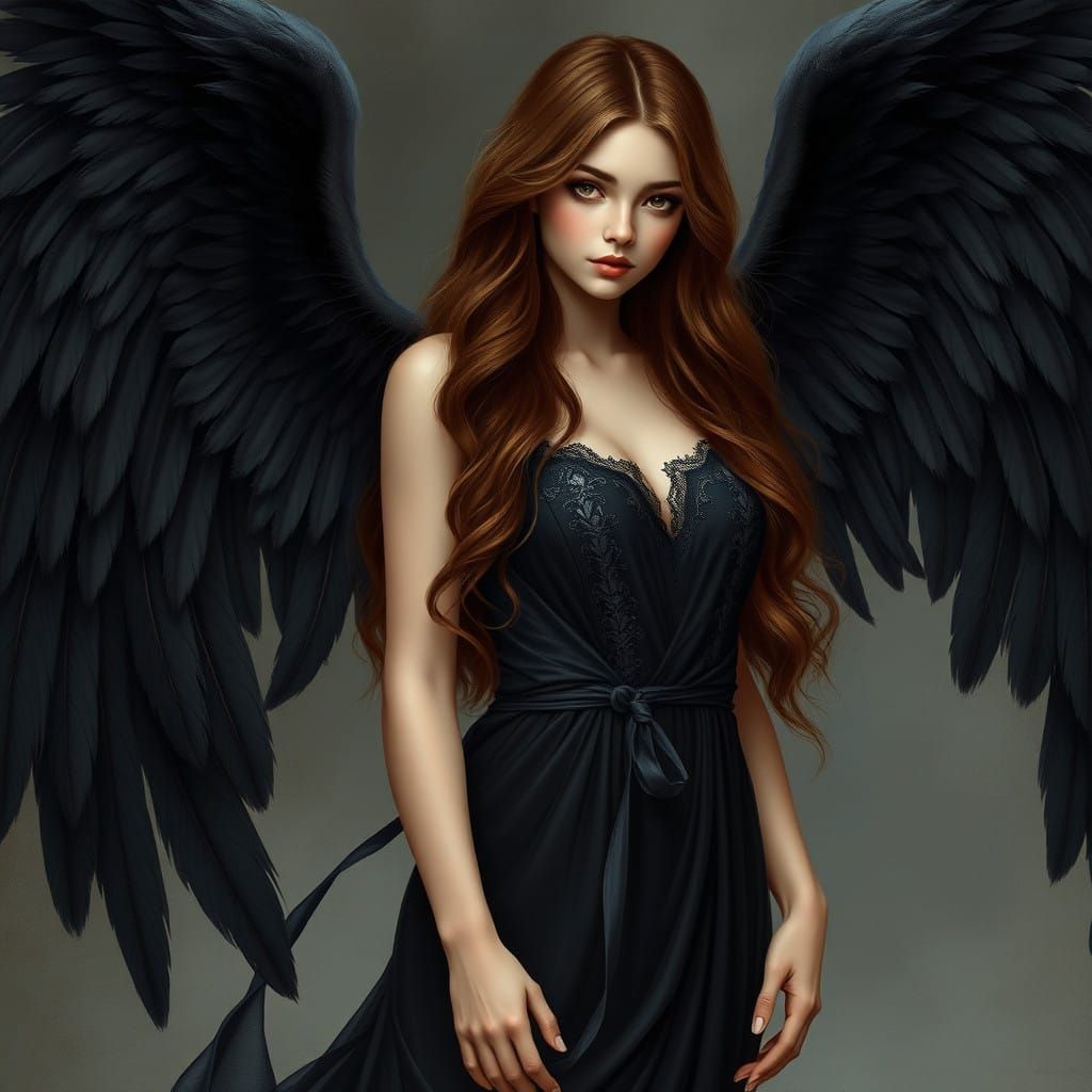 Majestic Dark Angel with Wings and Long Wavy Chestnut Hair
