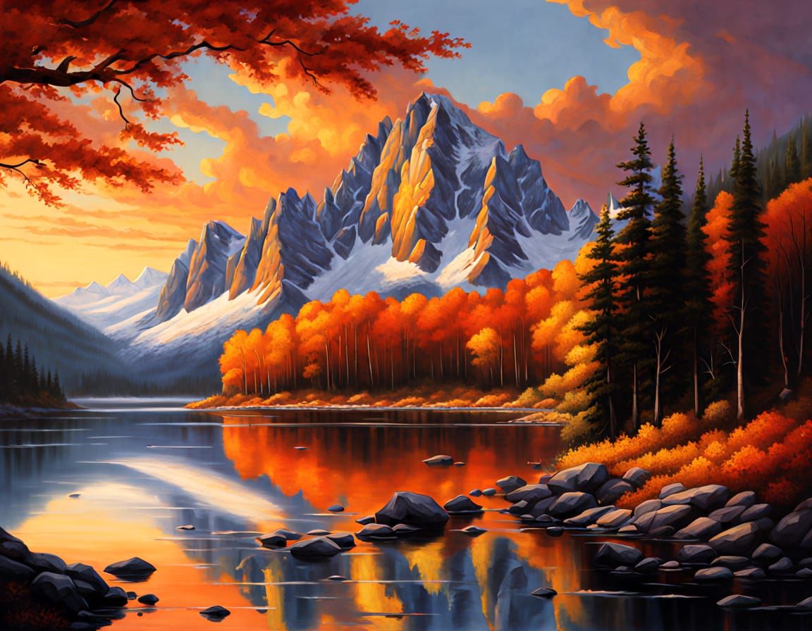 Majestic Mountain Lake at Sunset, Photorealistic Landscape