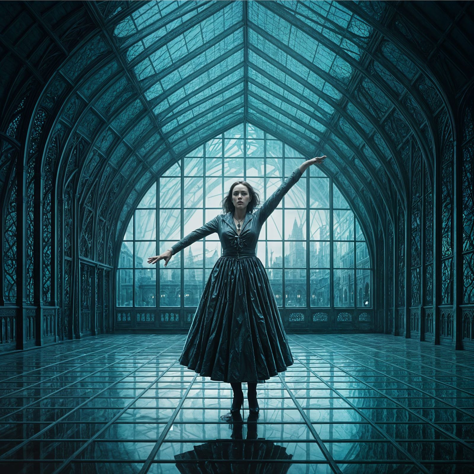 Dystopian Bridesmaid Dances in Glass Factory, Horror Art
