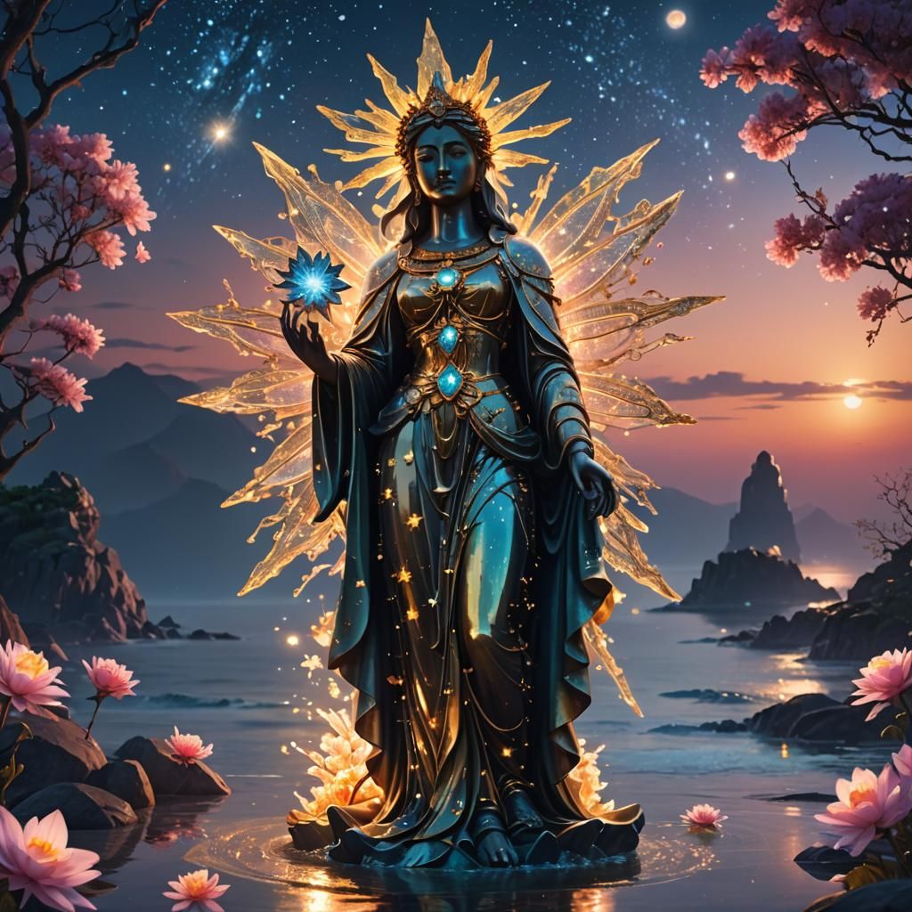 Sacred Statue at Dusk by the Sea in Fantasy Art