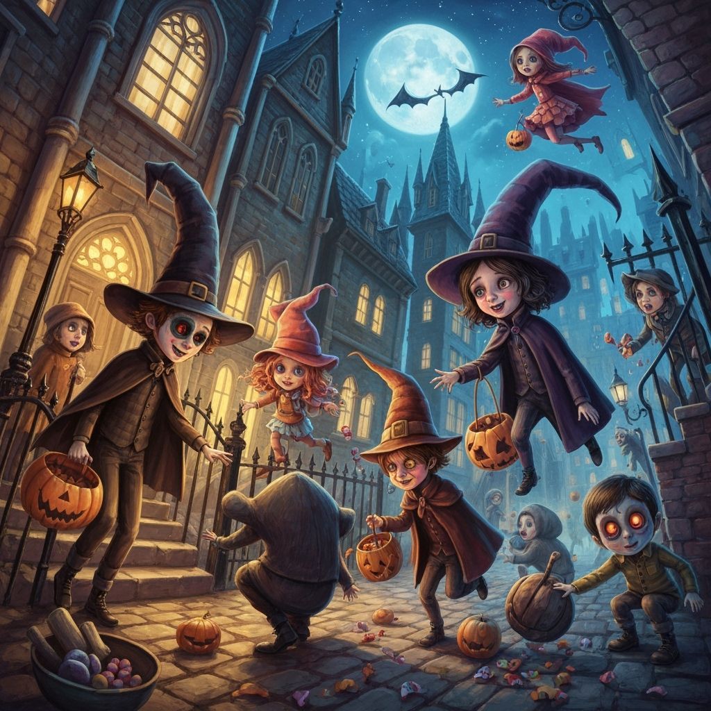 Surreal Halloween Night: Reverse Trick-or-Treating Scene