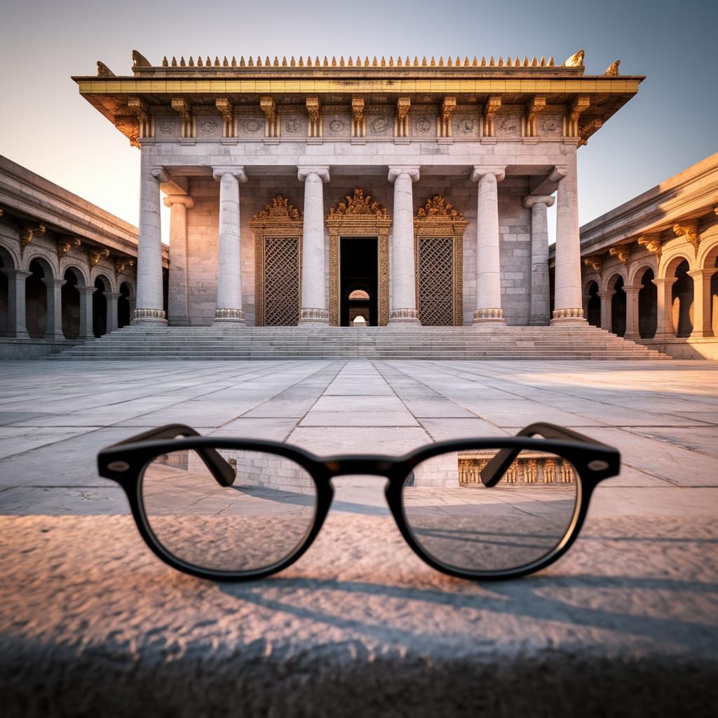 Glasses Reflecting the Second Temple in Cinematic Style