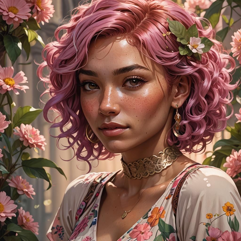 Pink-Haired Woman Portrait in Art Nouveau Style