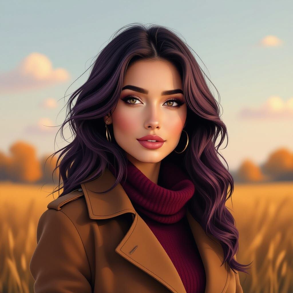 Woman with Purple Hair in Autumn Field, Digital Painting
