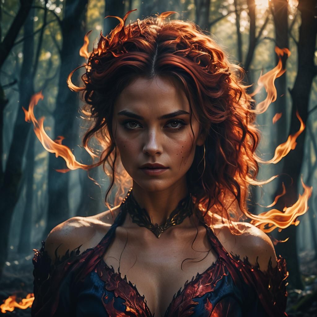 Woman with Flaming Hair in Mystical Forest