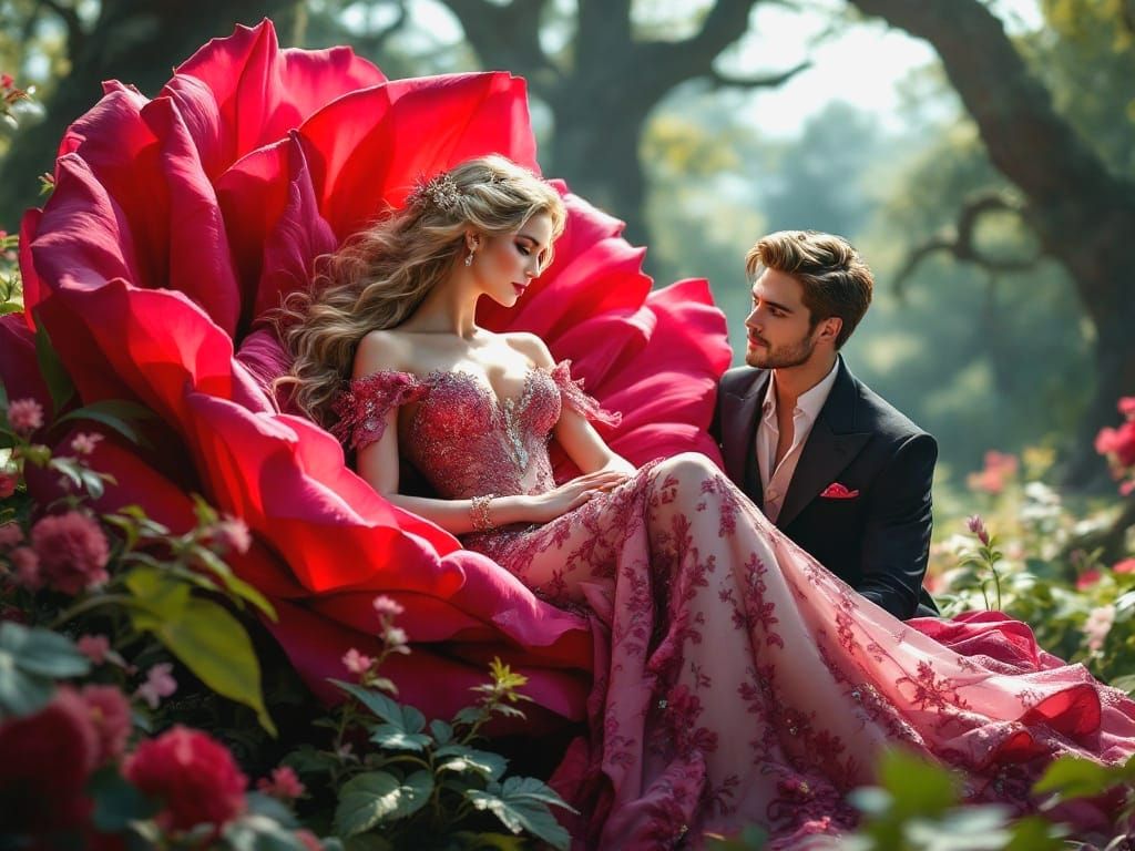 Regal Winged Maiden Basks in English Garden Splendor