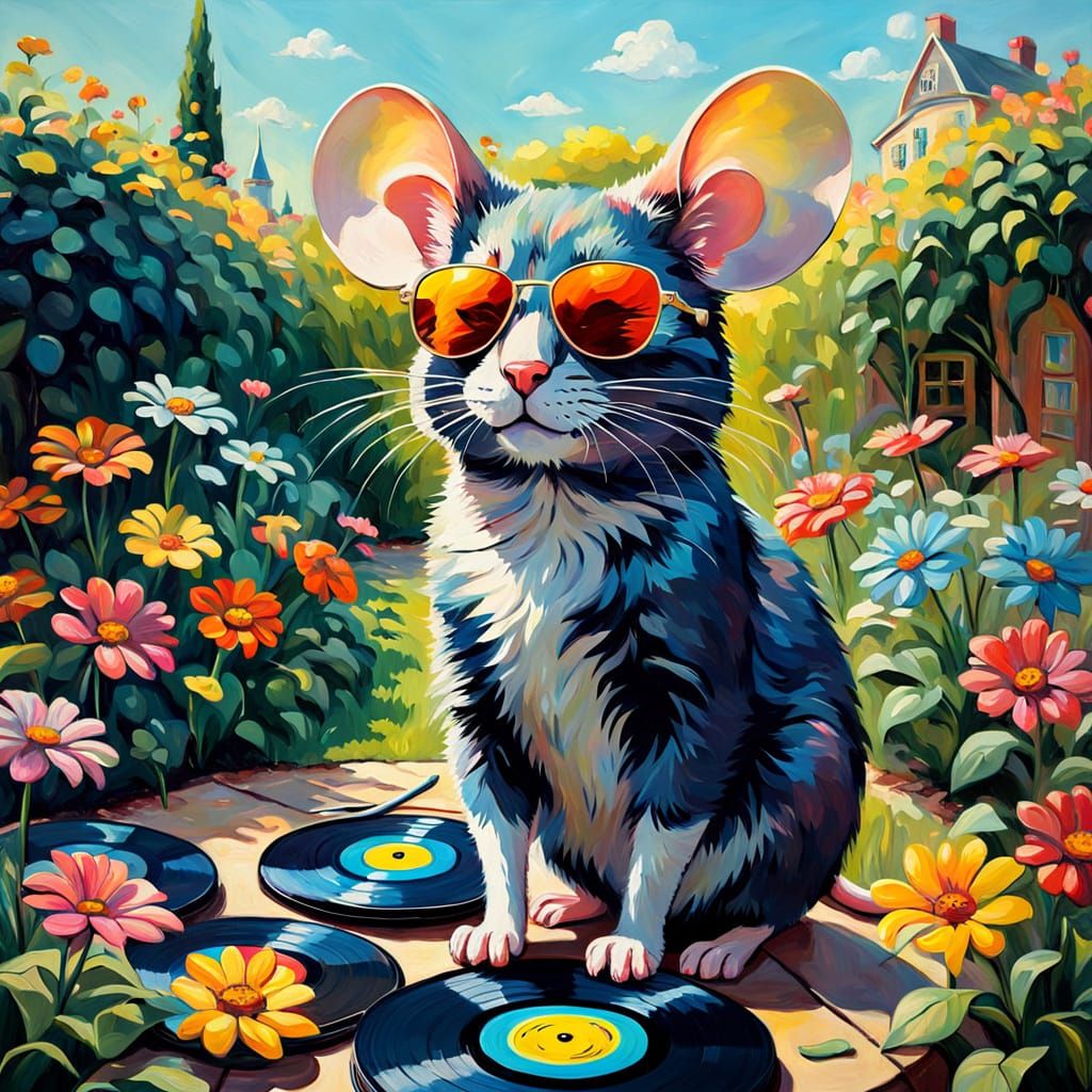 Mouse in Garden with Cat Flowers, Impressionist Oil Painting