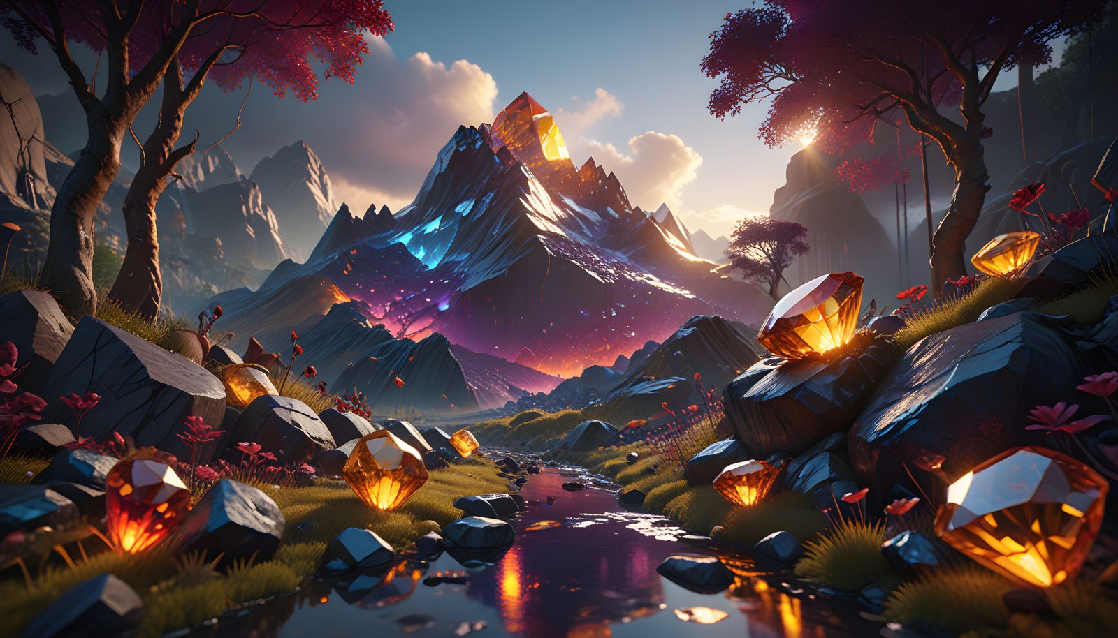 Epic Jewel Stone Landscape with Dreamy Sunset and Hyperreali...