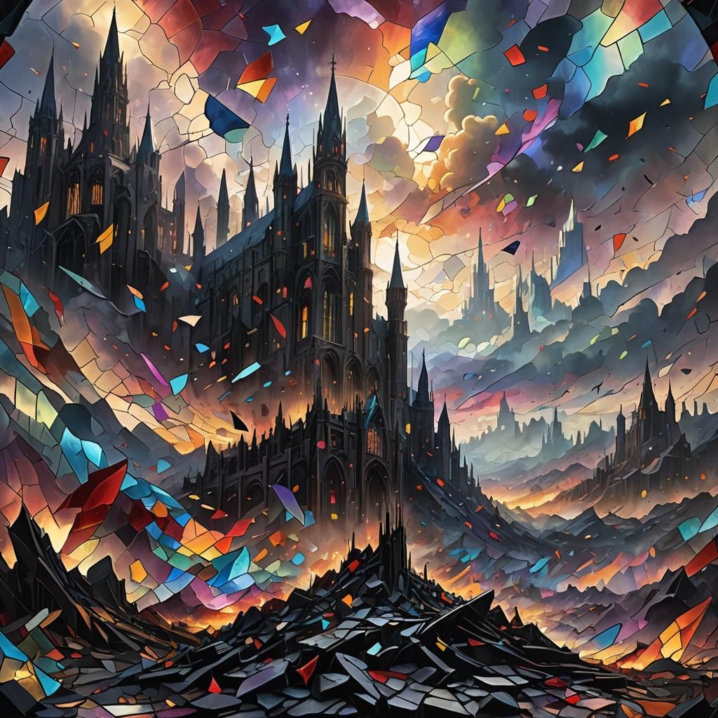 Shattered Stained Glass Sky Over Misty Wasteland