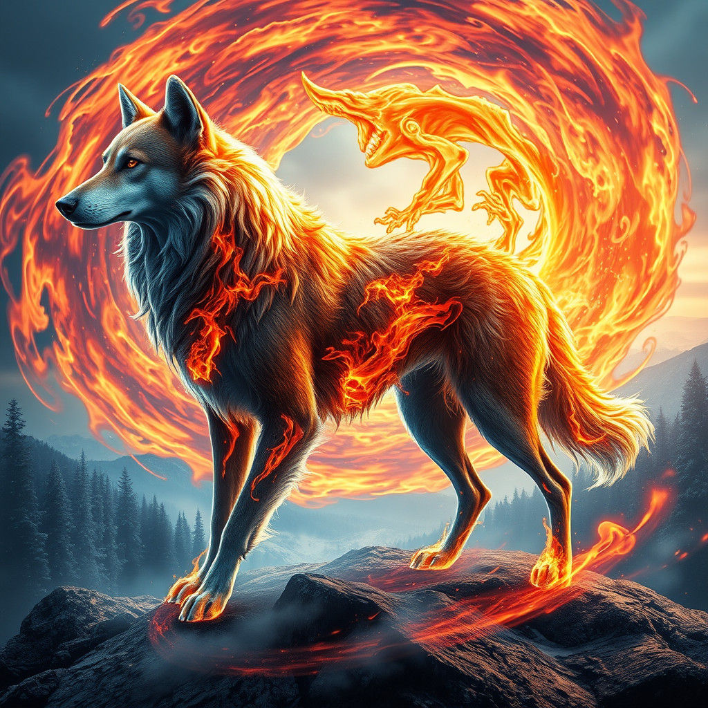 Majestic Fire and Ice Dog in Fantasy Landscape