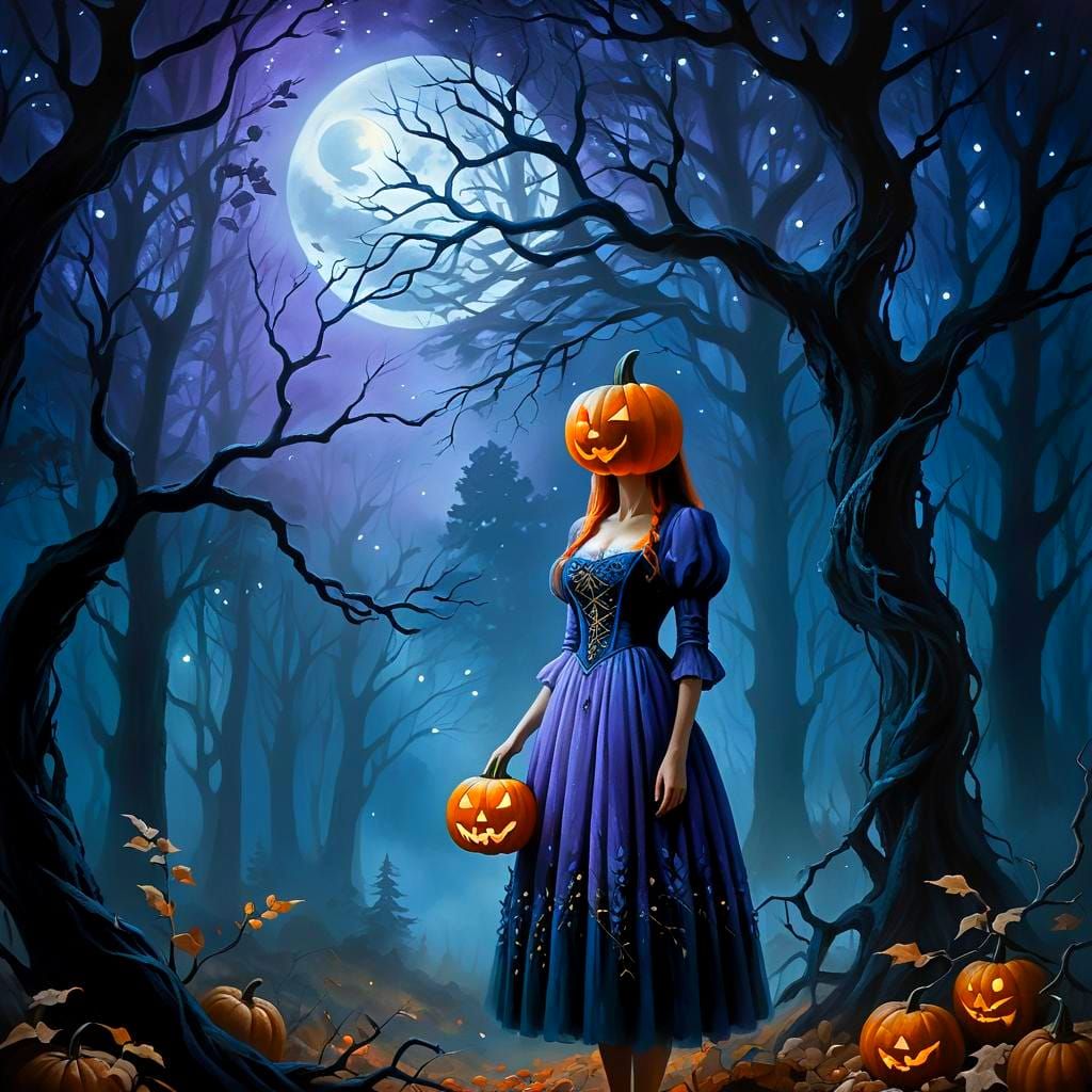 Mystical Pumpkin Girl in Gothic Forest