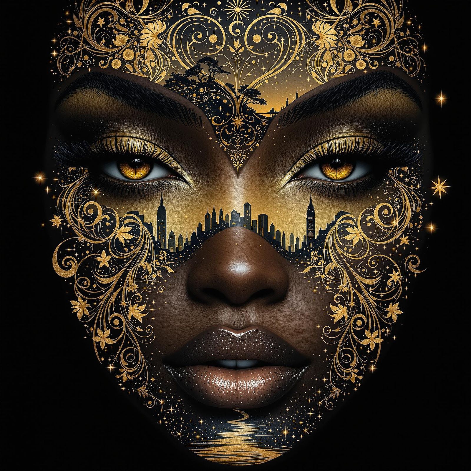 Surreal African Queen Adorned with Serene Landscape in Cyber...