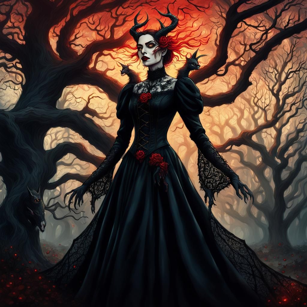 Whimsical Gothic Woman with Satanic Creature