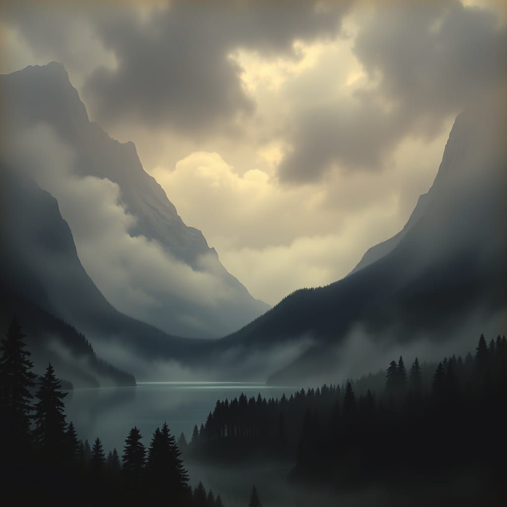 Romantic Landscape with Misty Mountains