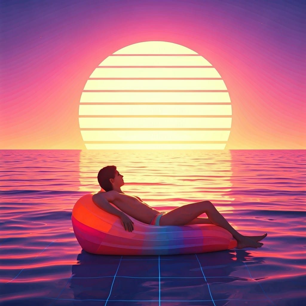 Retro-Inspired Beach Scene with Vaporwave Sunset