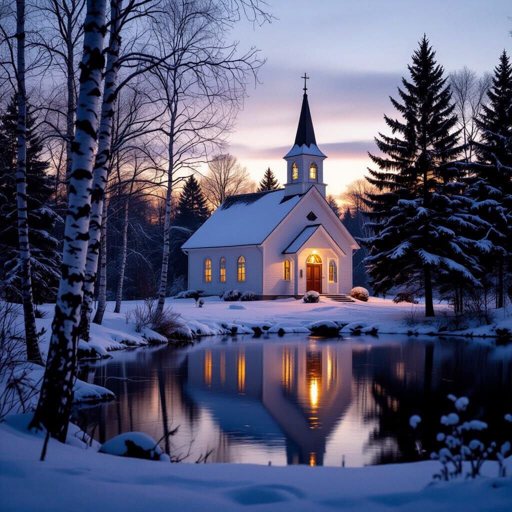 Snowy Church at Dusk with Pond and Trees