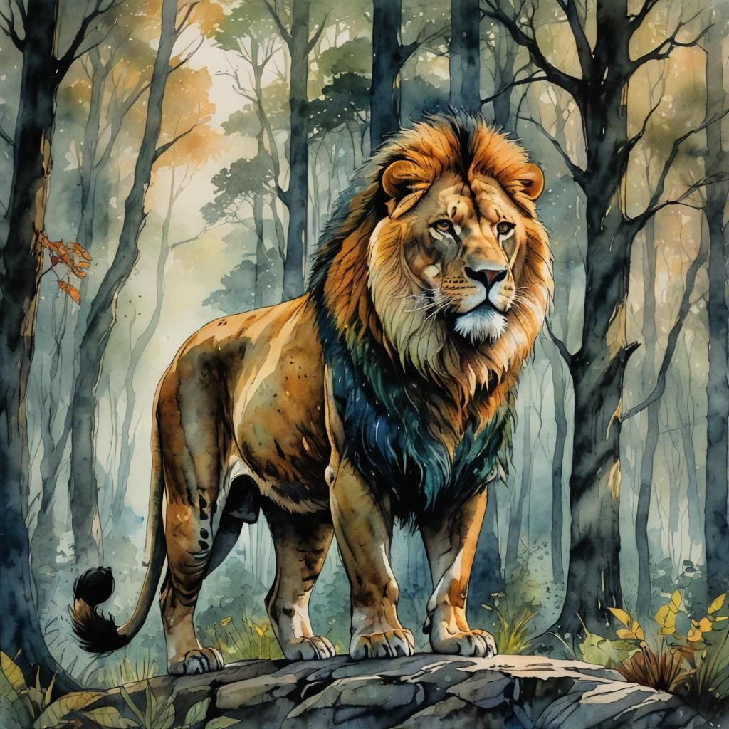 Majestic Lion in Ancient Forest: Hyper-Realistic Ink and Wat...