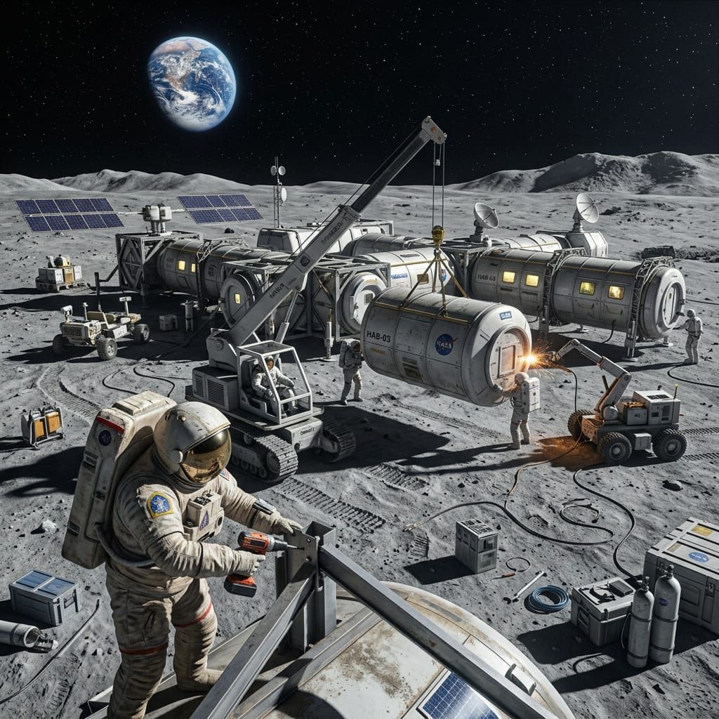 Astronauts Building Lunar Base with Robotic Precision