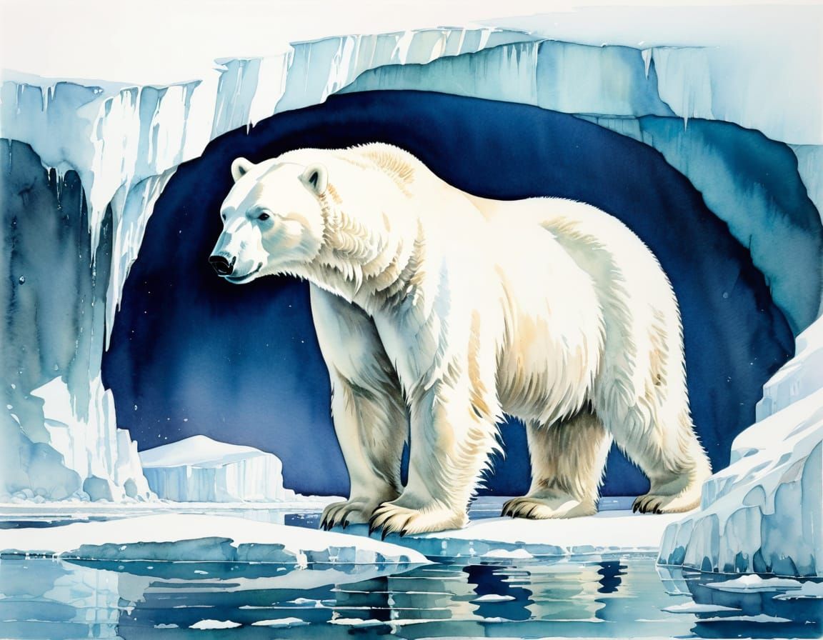 Polar Bear on Arctic Ice: Watercolor Painting