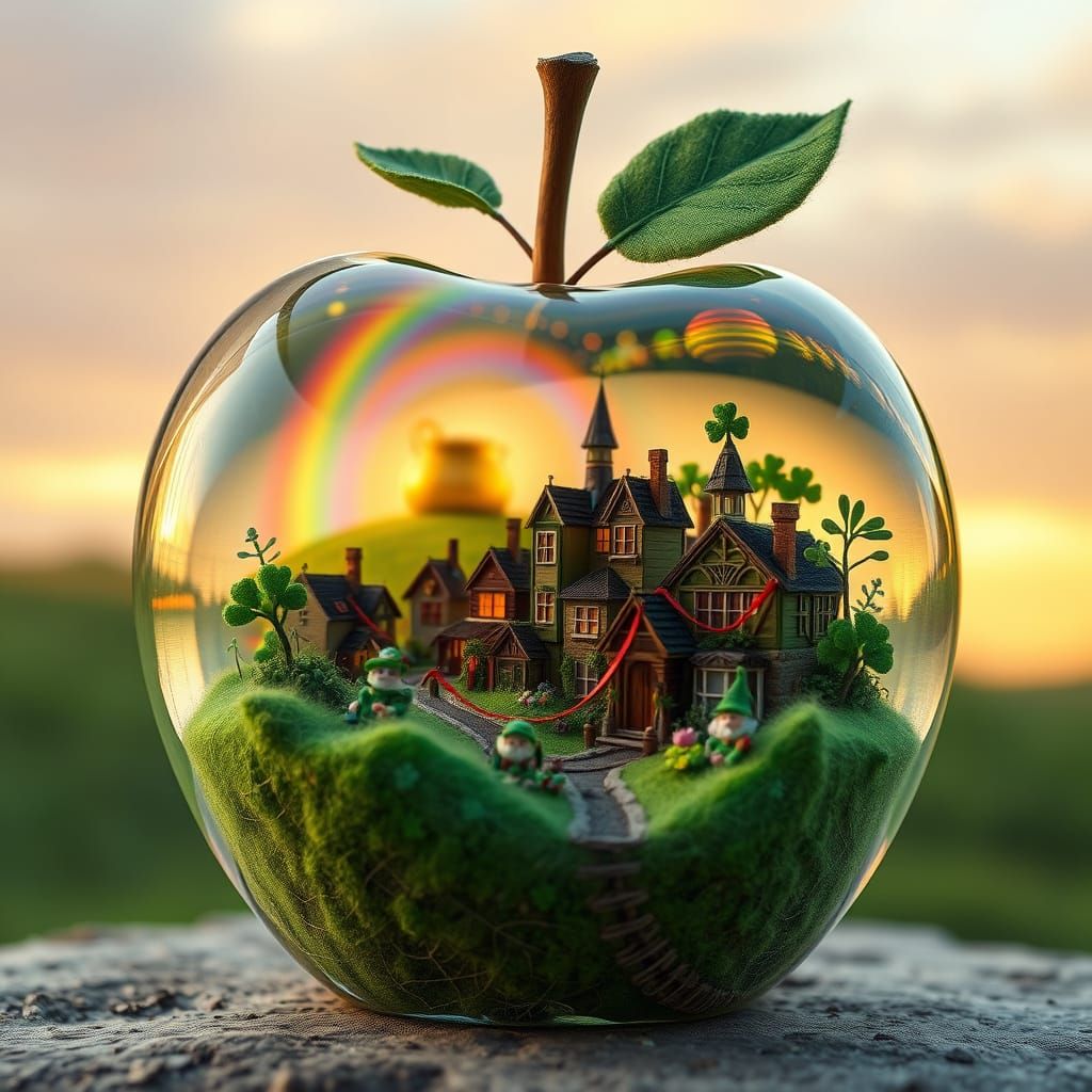 Hyper-Realistic Crystal Apple Village at Sunset