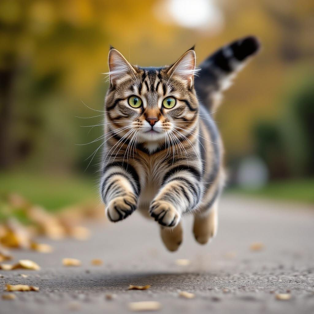 Awkward Cat Mid-Leap Photorealistic