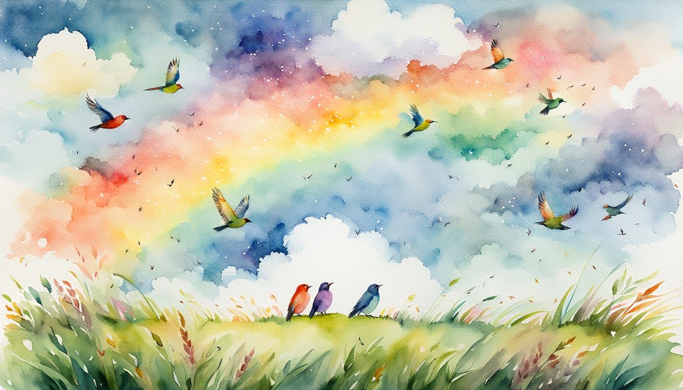 Whimsical Birds Marvel at a Majestic Rainbow