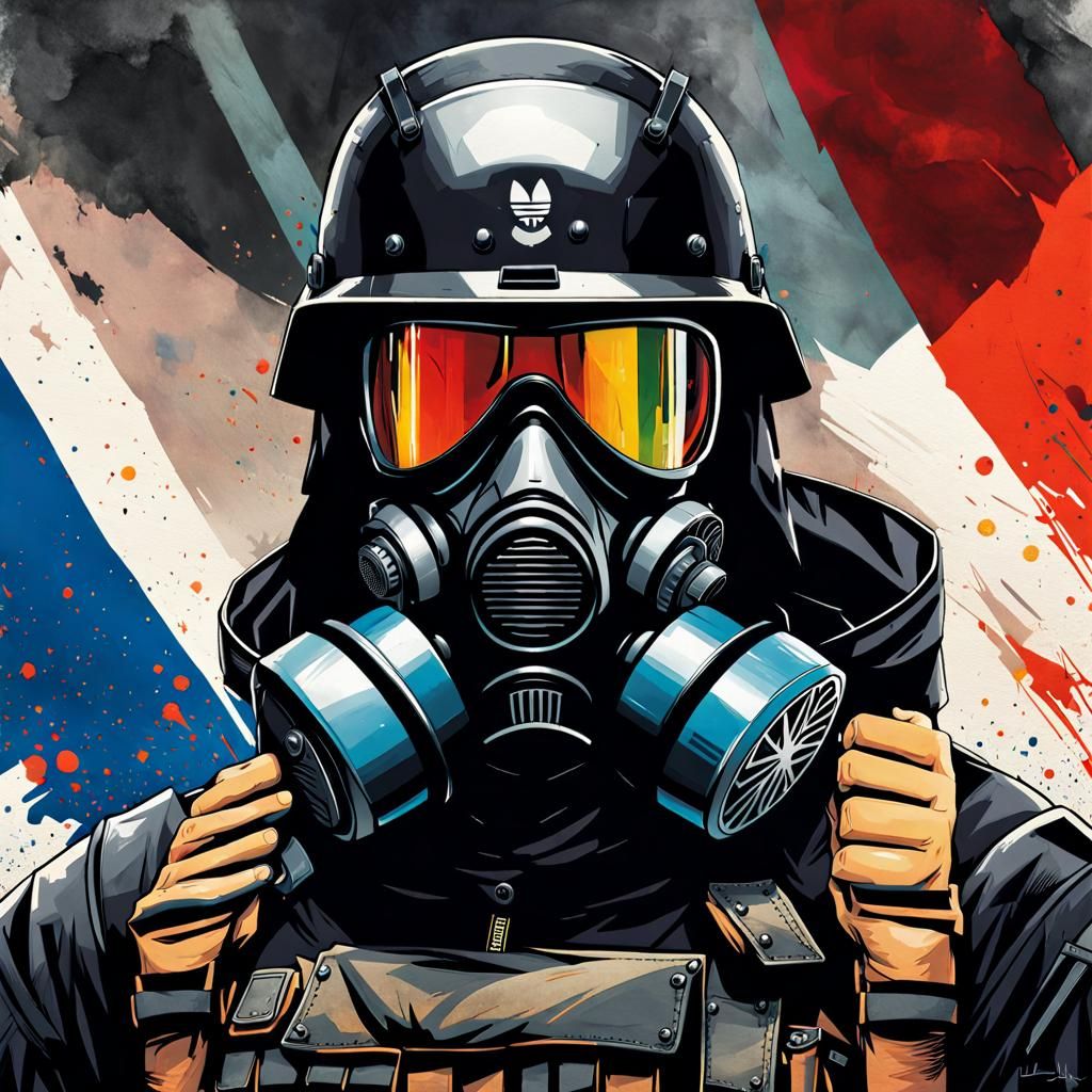 Armored Soldier in Adidas Suit: Physcopunk Watercolor Portra...