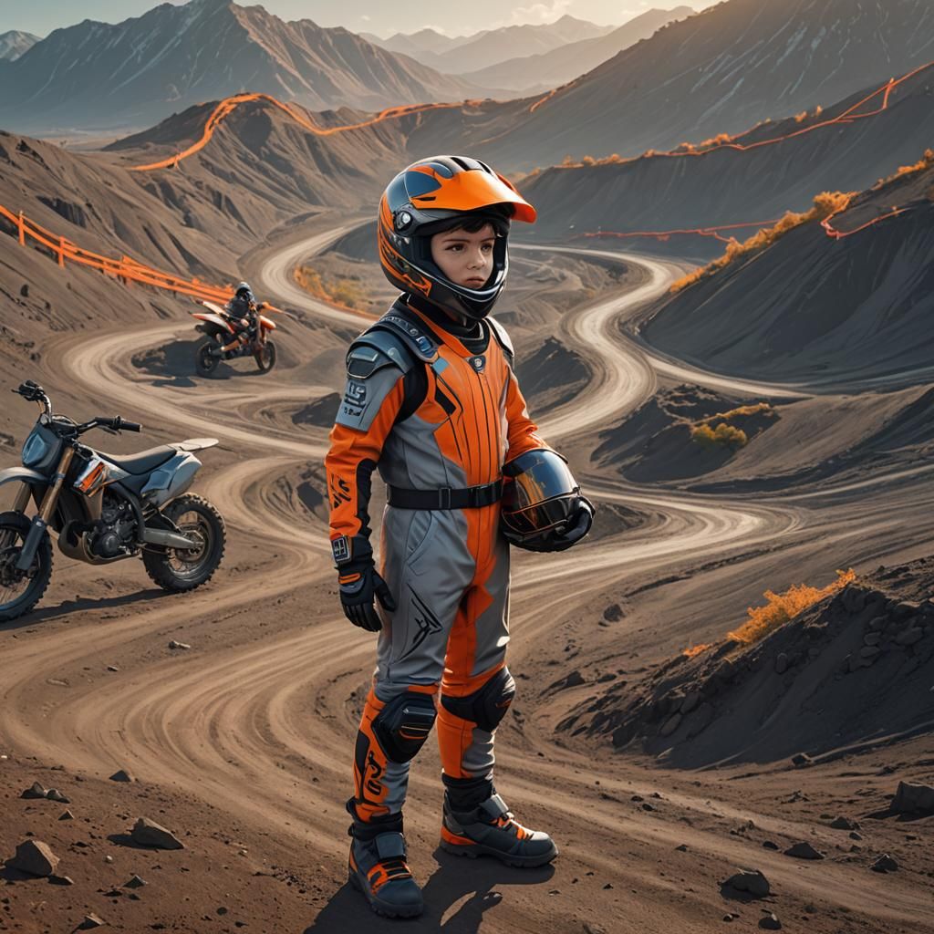 Boy on Fantasy Motocross Track in Matte Painting Style